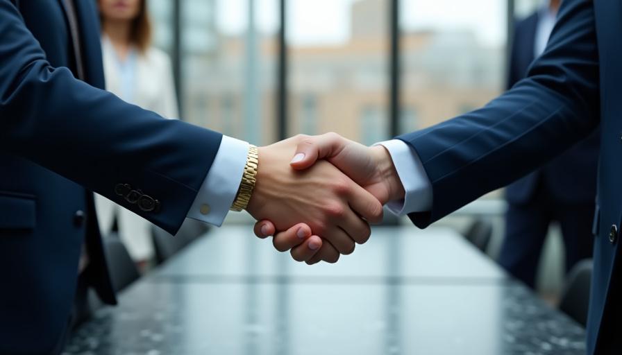 Symbolic professional handshake across a marble desk representing an exchange of value